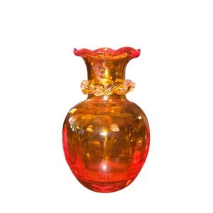 Pilgrim Glass Bud‎ Vase 4.5"X3"X3 Amberina Ribbed Ruffled Rigaree Vintage